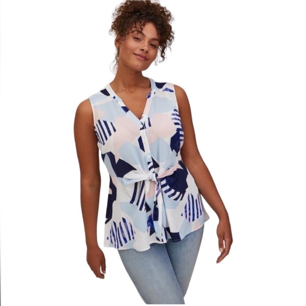 Torrid Georgette Tie Peplum Front Geometric Sleeveless Top Multicolor Blue 2X